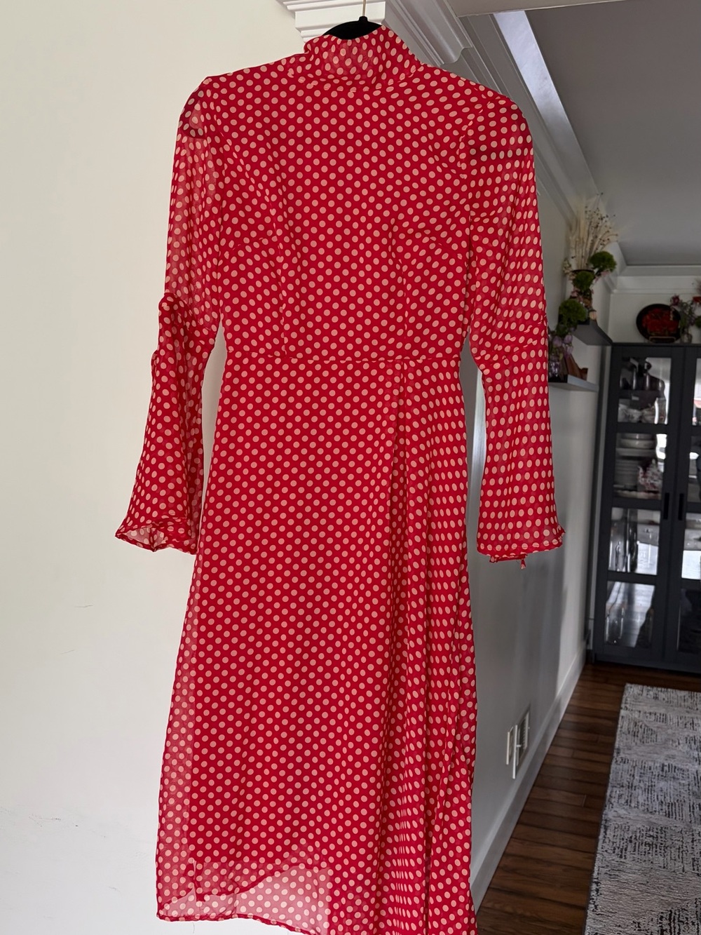 Boohoo Red and White Polka Dot Long Sleeve Midi Dress